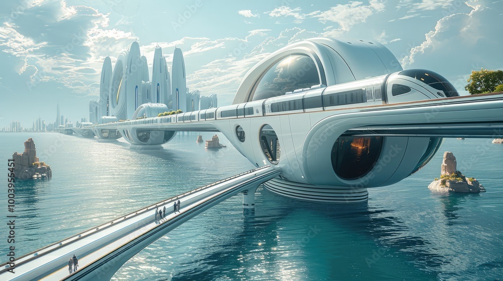 Poster A city floating on the ocean and connected by a high speed train.