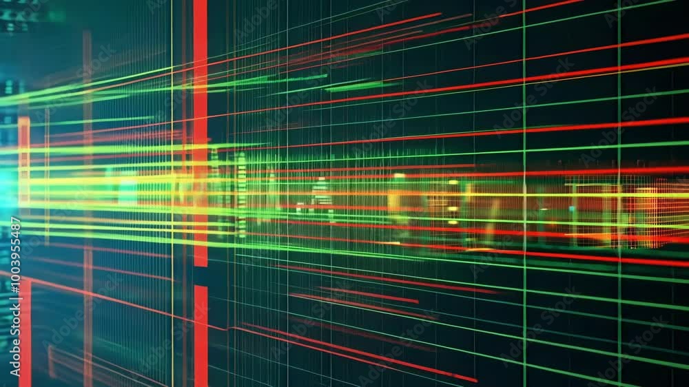Poster green and red lines of code move quickly on a dark background, symbolizing data flow in the digital 