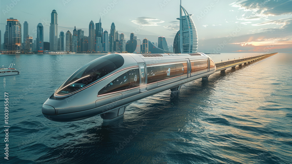 Aufkleber a city floating on the ocean and connected by a high speed train.