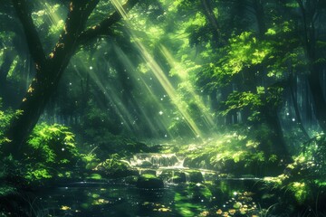 Tranquil Forest with Sunlight and Stream