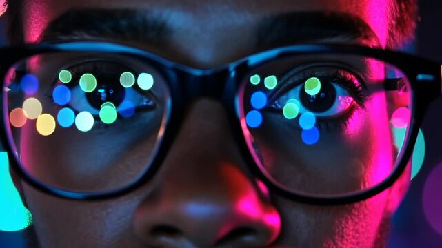A close-up of a person's face wearing glasses, illuminated by colorful lights