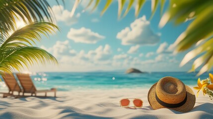 Obraz premium tropical beach with sunbathing accessories summer holiday concept 3d illustration 