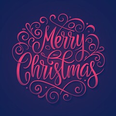 Illustration  bright lettering with curls on a dark background: "Merry Christmas."