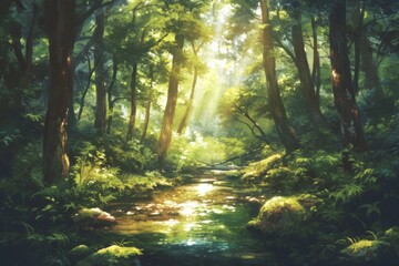 Obraz premium Serene Forest with Sunlight and Stream Reflections