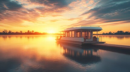 Tranquil Sunset Cruise on a Pristine Lake Aboard a Luxurious Cabin Cruiser with Stunning Reflective Dock and Picturesque Landscape 