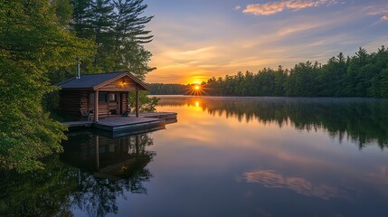 Fototapeta premium tranquil sunset cruise , pristine lake cabin cruiser , stunning reflective dock , picturesque landscape photo 