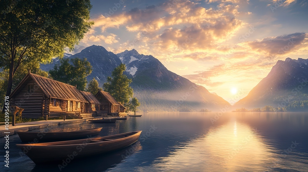 Canvas Prints Tranquil riverside retreat with traditional wooden cabins boats and a serene mountain landscape at sunset Idyllic atmospheric scene of natural beauty and peaceful solitude