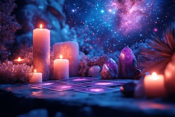 A mystical tarot reading scene under a starlit sky, with celestial-themed cards spread on a table surrounded by glowing candles and crystals. Generative AI