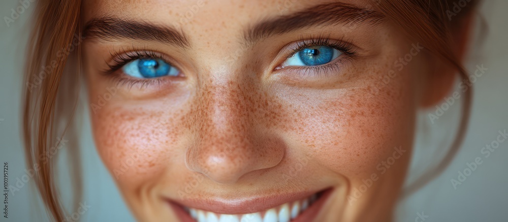 Sticker Close-up portrait of a woman with blue eyes and freckles smiling.