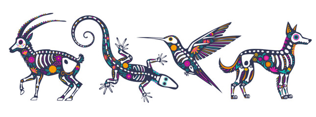 Collection of skeleton decorated with flowers and decorative elements. Festive animal for the Mexican Day of the Dead,  Dia de los Muertos.