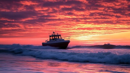Obraz premium Sunset Sunrise Clouds Sky at Beach Sea Waves with Cabin Cruiser Wallpaper