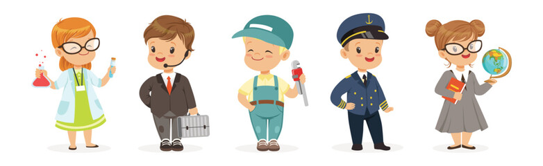 Funny Kid Character Wear Professional Uniform Vector Set