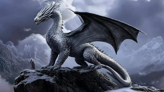 A majestic silver dragon perches on a rocky outcropping, its wings spread wide against a backdrop of snow-capped mountains and swirling clouds