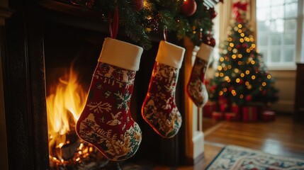 Cozy holiday atmosphere with decorated stockings hanging by the fireplace and a Christmas tree in the background at dusk