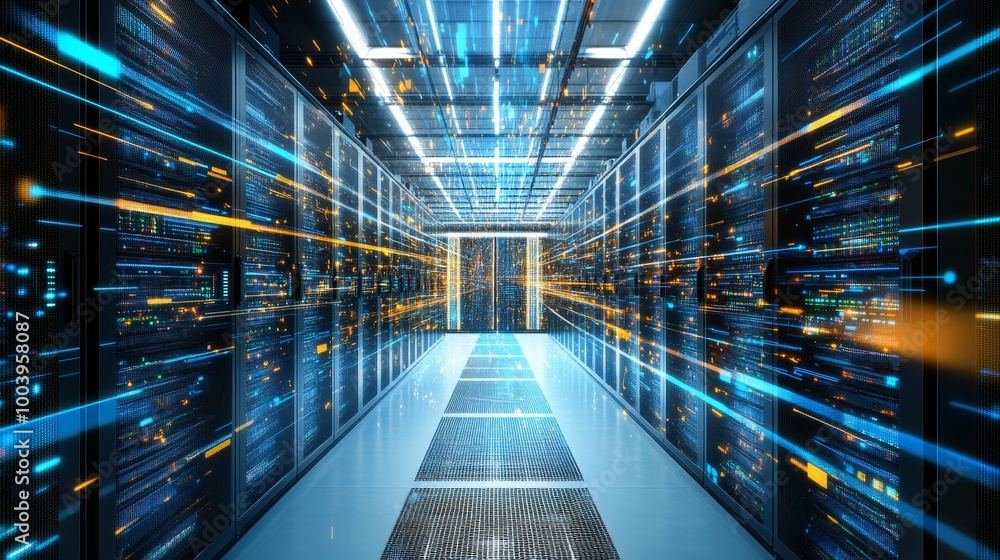 Poster data center storage with information flow. cloud computing system, cybersecurity, telecommunication