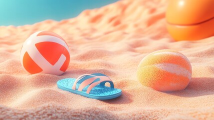 Obraz premium Summer vacation concept: flip-flops, beach ball, and snorkel on the sand. 