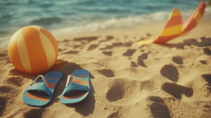 Obraz premium Summer vacation concept: flip-flops, beach ball, and snorkel on the sand. 
