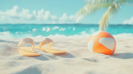 Obraz premium Summer vacation concept: flip-flops, beach ball, and snorkel on the sand. 