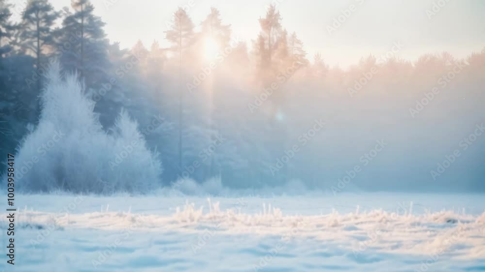 Poster cold winter morning with sunlight filtering through a misty forest, illuminating snow covered trees 