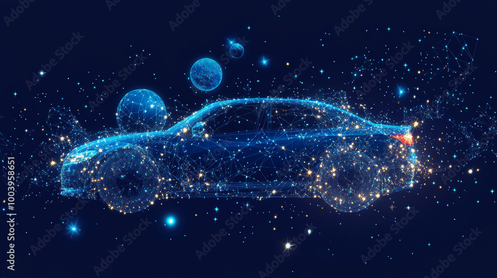 Poster abstract image of a car in the form of a starry sky or space, consisting of points, lines, and shape