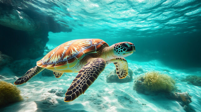 A sea turtle swimming underwater in a turquoise ocean with a sandy bottom and corals in the background, the vibrant shell colors create a stunning contrast with the marine environment