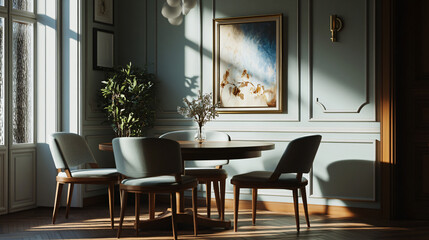 An elegant frame mock-up in a sophisticated dining room, 3D render.