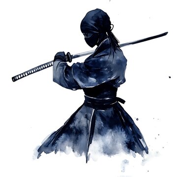 Watercolor Illustration of a Female Ninja Holding a Katana Sword.