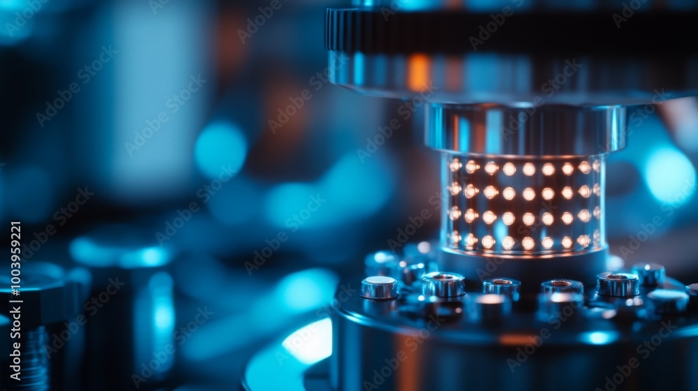 Poster An intricate array of machinery components is illuminated by a soft blue glow, highlighting the mechanical details and showcasing the precision of industrial design in a modern workshop environment.