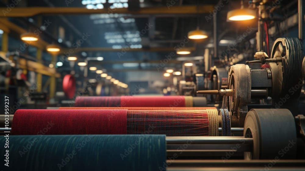 Poster a textile factory filled with large weaving machines in action, producing colorful fabrics.