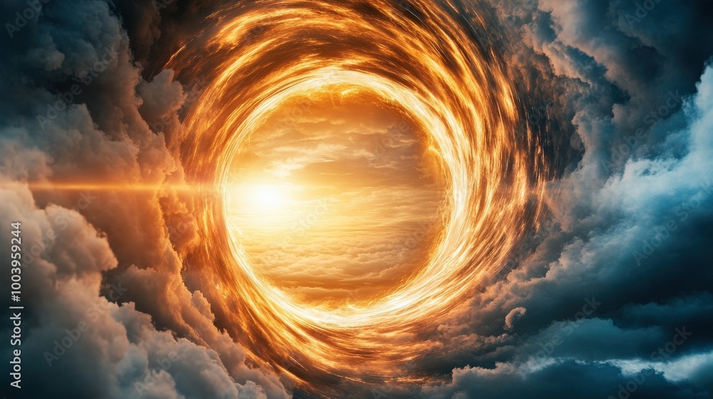 Poster a large red circle with a sun in the middle. the circle is surrounded by clouds