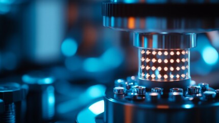 An intricate array of machinery components is illuminated by a soft blue glow, highlighting the mechanical details and showcasing the precision of industrial design in a modern workshop environment.