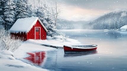 Snowy lake scene featuring a red cabin and boat, winter, snow, lake, cabin, boat, red, tranquil, peaceful, serene, nature, cold, frozen  