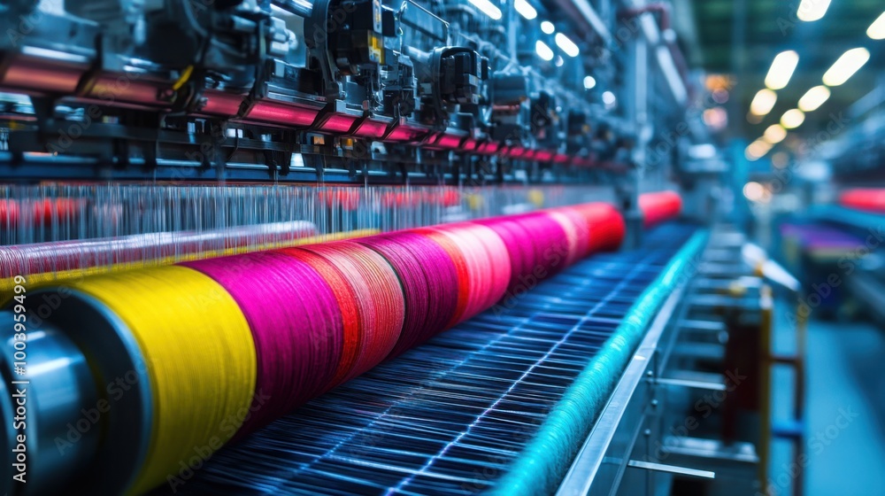 Poster a textile factory with rows of fabric weaving machines in motion.