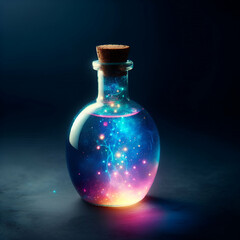 Glowing magical potion bottle, colorful liquids
