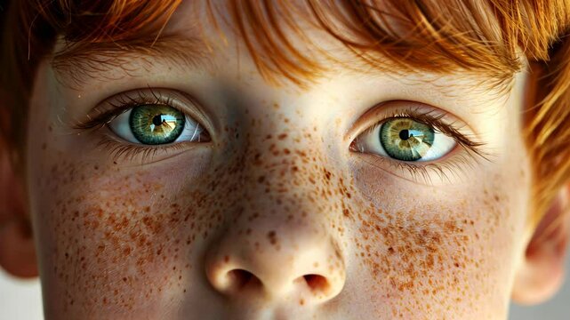 A young boy with red hair and freckles stares intently into the camera