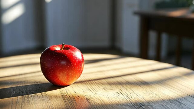 A single red apple sits on a wooden table in the sunlight