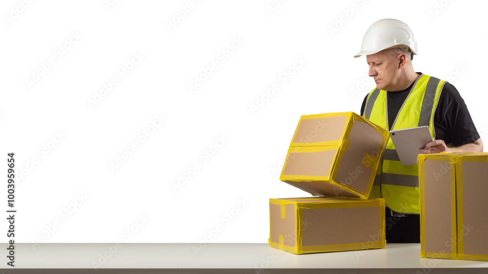 Poster man with cardboard boxes. worker holds package and tablet. packer near table with boxes. storekeeper