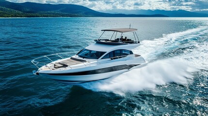 Fototapeta premium Sleek Cabin Cruiser Gliding Across the Open Ocean Aerial Drone Photography for Boat Show 
