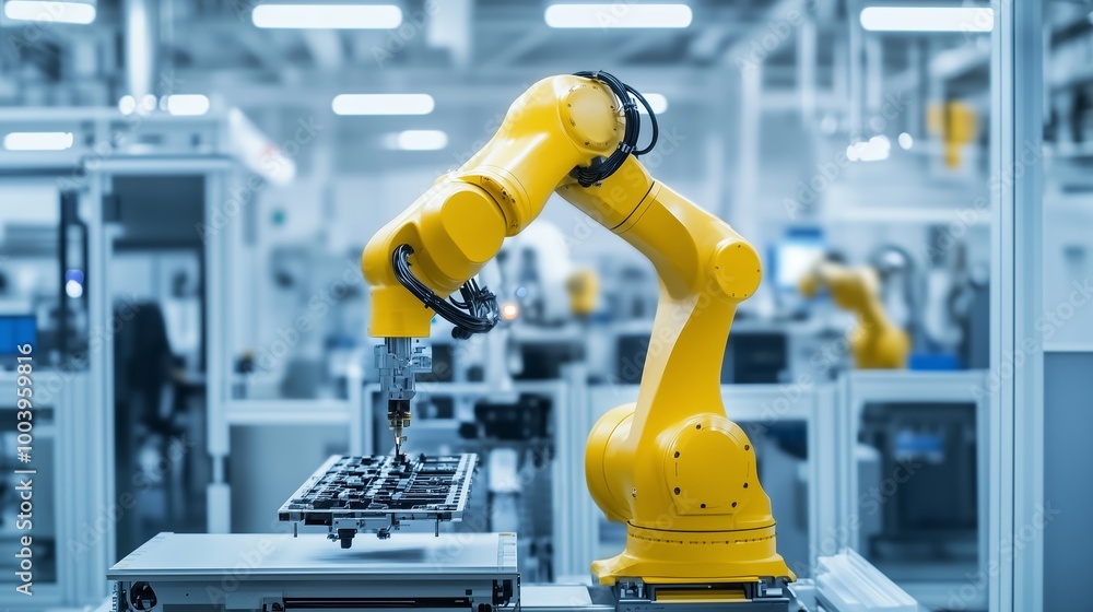 Poster a robotic arm assembling electronic components in a modern factory setting during daytime