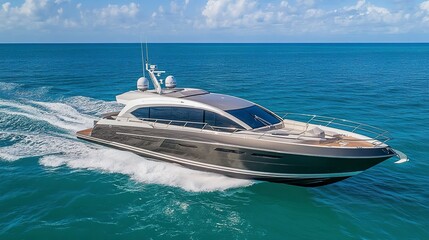 Fototapeta premium Sleek Cabin Cruiser Gliding Across the Open Ocean Aerial Drone Photography for Boat Show 