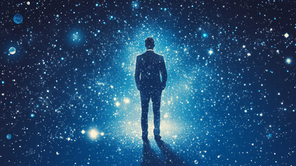 Obraz premium Vector abstract image of a businessman in a suit with a crown formed by a starry sky or space, consisting of points, lines, and shapes resembling planets, stars, and the universe. RGB color mode