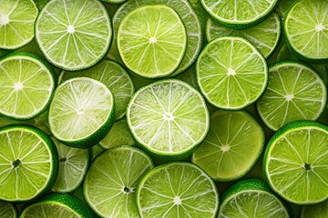 Fresh juicy lime slices as background, top view .generative ai