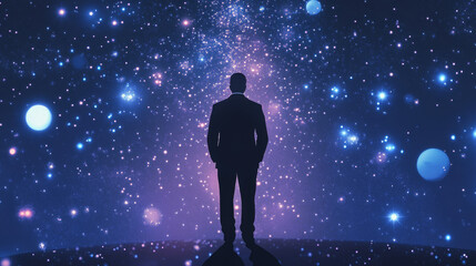 Obraz premium Vector abstract image of a businessman in a suit with a crown formed by a starry sky or space, consisting of points, lines, and shapes resembling planets, stars, and the universe. RGB color mode