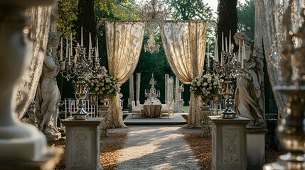 Victorian Wedding Arch with Statues and Candelabras.