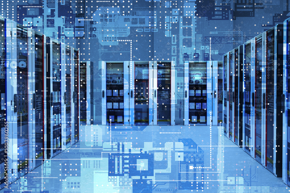Poster server equipment. big data processing technologies. server room with virtual elements. data center. 