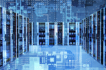 Obraz premium Server equipment. Big data processing technologies. Server room with virtual elements. Data center. Cloud information storage location. Development of server technologies. 3d image.