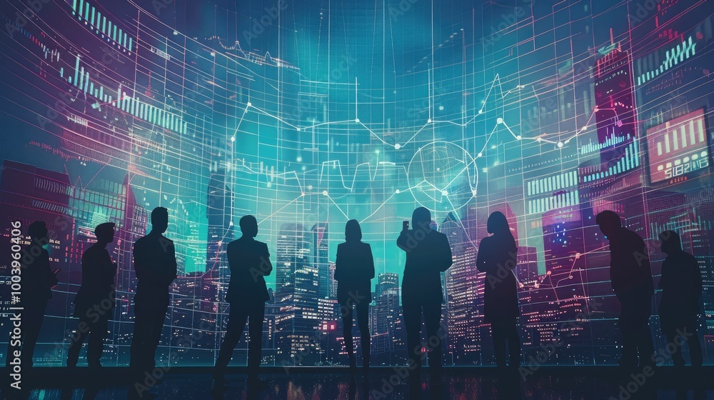 Fototapete a group of silhouettes working together, with a large financial graph or data chart in the center. t