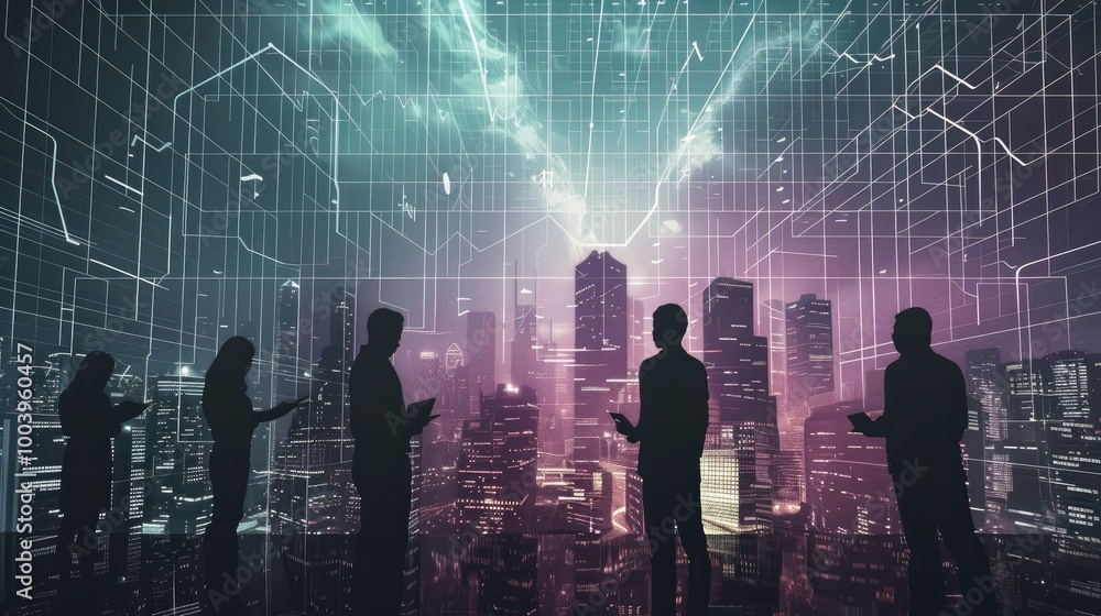 Fototapete a group of silhouettes working together, with a large financial graph or data chart in the center. t