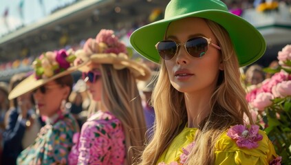 Easter fashion elegant and stylish ladies at the horse race, A group of women in colorful spring fashion at the Kentucky Derby, a horse racing event in Louisville