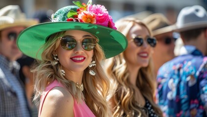 Easter fashion elegant and stylish ladies at the horse race, A group of women in colorful spring fashion at the Kentucky Derby, a horse racing event in Louisville